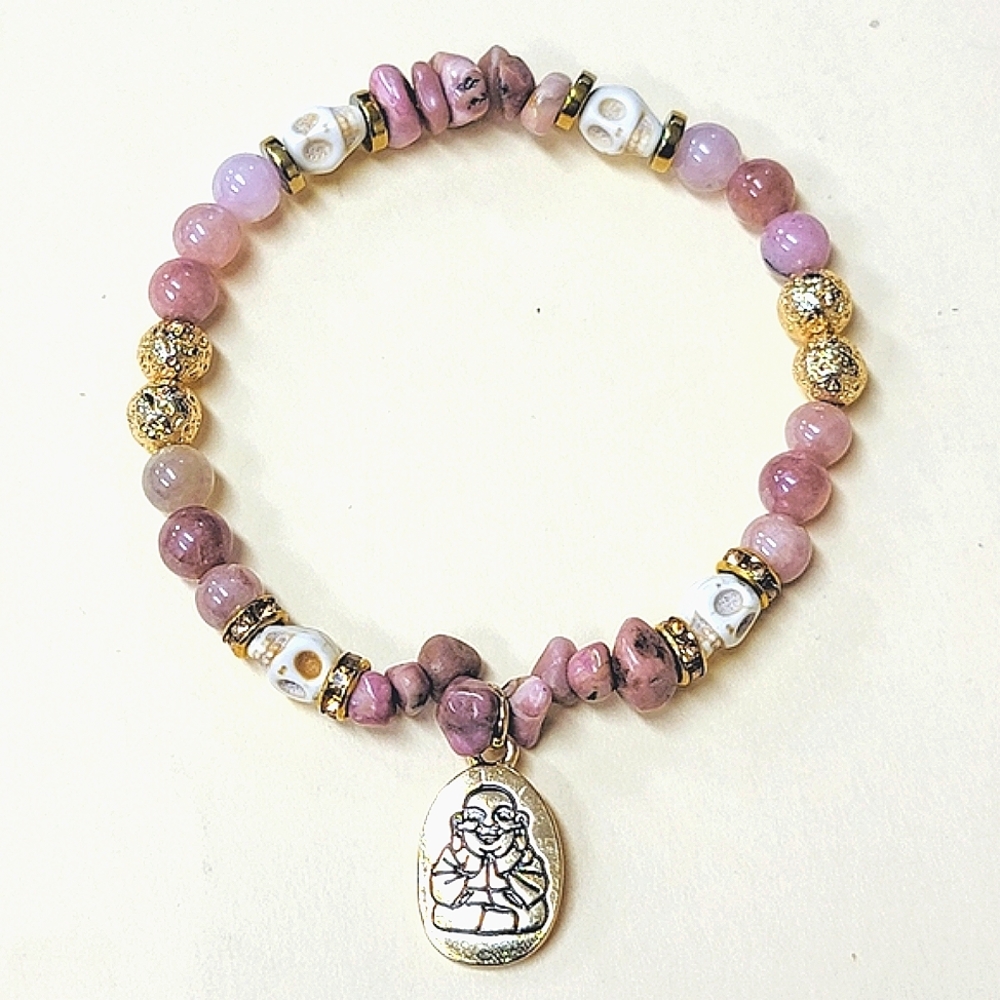 Genuine Semiprecious Stone Elastic Beaded Bracelet w/ Gold Buddha Pendant